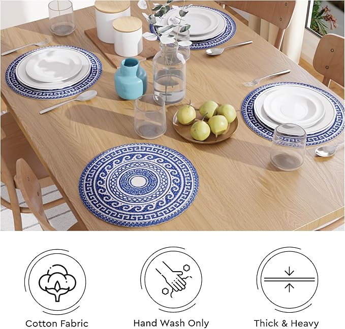 Encasa XO Dining Placemats Set of 4 | Cotton Round Table Mat - 13 in Diameter | Blue Mandala Print | Handmade Rib Style Chargers for Dinner Plates