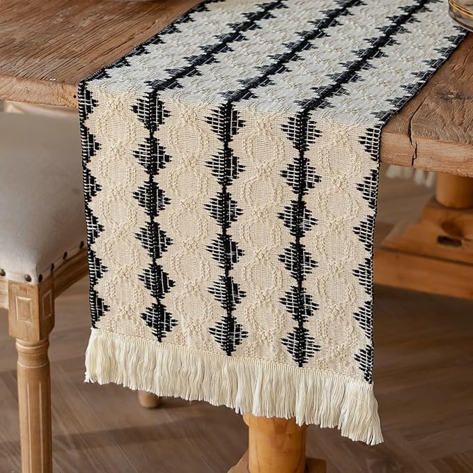 Boho Table Runners with Tassels 72inches, Macrame Farmhouse Table Runner for Dining, Bedroom & Kitchen Decor (Black and White)