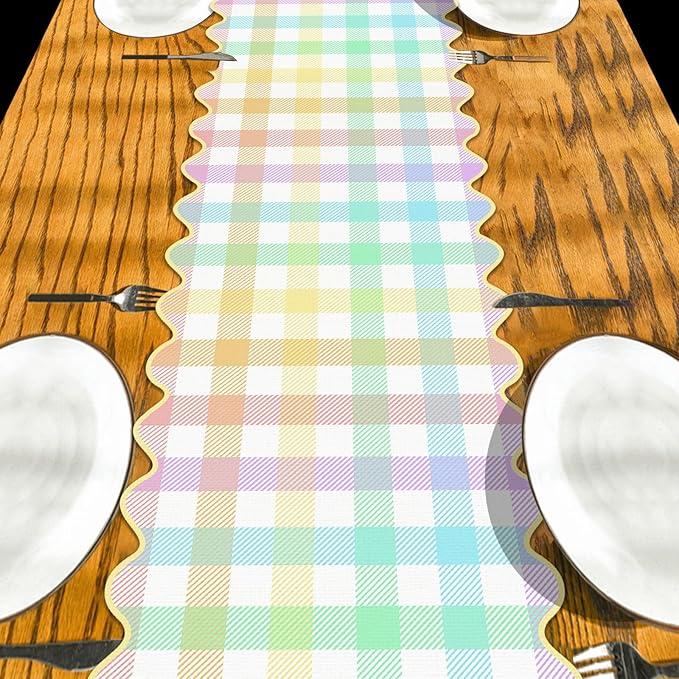 Easter Buffalo Plaid Table Runner Farmhouse Gingham Kitchen Dining Table Centerpiece Pastel Spring Summer Checkered Decor Happy Easter Decorations for Home Party-72 Inches Long