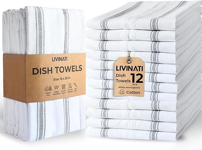 Bulk Kitchen Towels Cotton for Chefs in Commercial Restaurants - 15"X25" - 12 Pack - White Linen Tea Dish Towels - Lint Free Soft Absorbent Side Gray Striped Herringbone Weave Towles