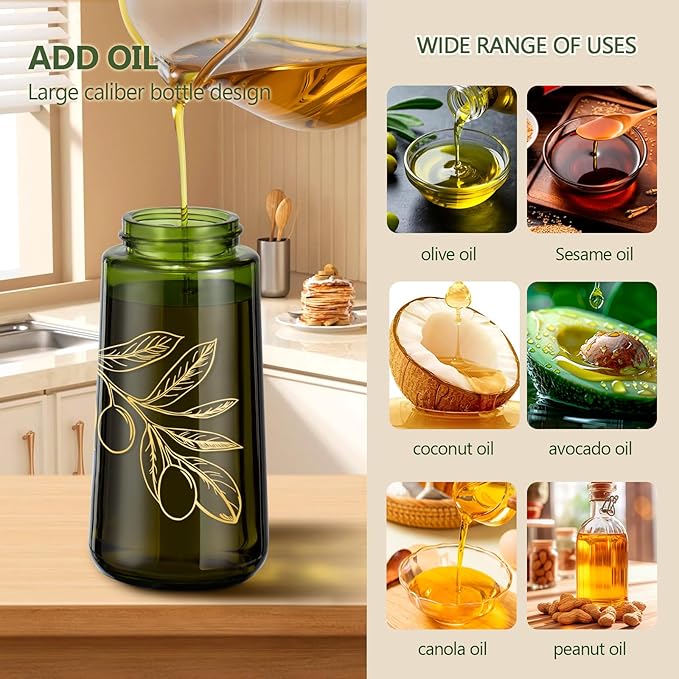 Glass Olive Oil Sprayer for Cooking, Oil Mister Continuous Cooking Spray with Portion Control for Kitchen 200ml/7oz (Green Bottle, Gold Print)