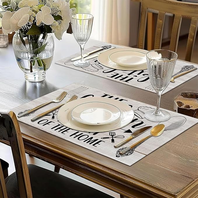 The Kitchen is The Heart of The Home Placemats Set of 6, Washable Linen Place Mat Heat Resistant Non Slip Kitchen Dining Table Mats 12x18 Inch