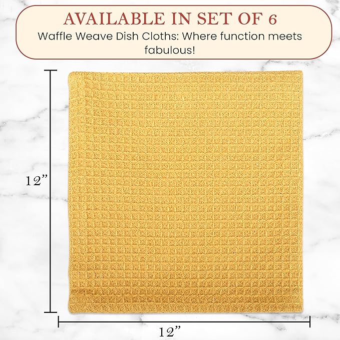 Vintage Vista 100% Cotton Waffle Dish Cloths (Pack of 6) - Dish Rags for Washing Dishes - Reusable & Highly Absorbent Kitchen Towels - Kitchen Rags fo Easter - (12" x 12" - Yellow)