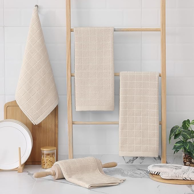 Homaxy 100% Cotton Terry Kitchen Towels(Beige, 13 x 28 inches), Checkered Designed, Soft and Super Absorbent Dish Towels, 2 Pack
