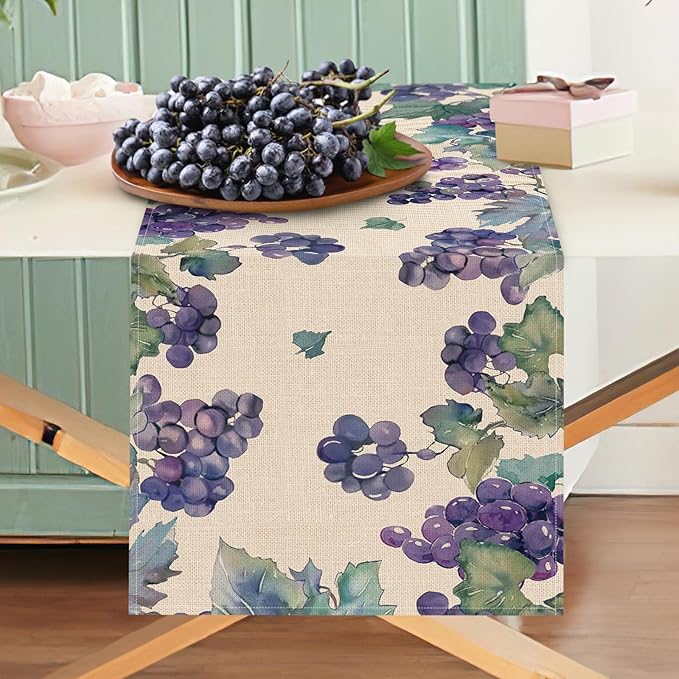 Watercolor Grapes Table Runner, Sweet Fruit Kitchen Dining Table Decoration, Spring Summer Burlap Indoor Outdoor Home Decor Party Supply 13 x 36 Inches
