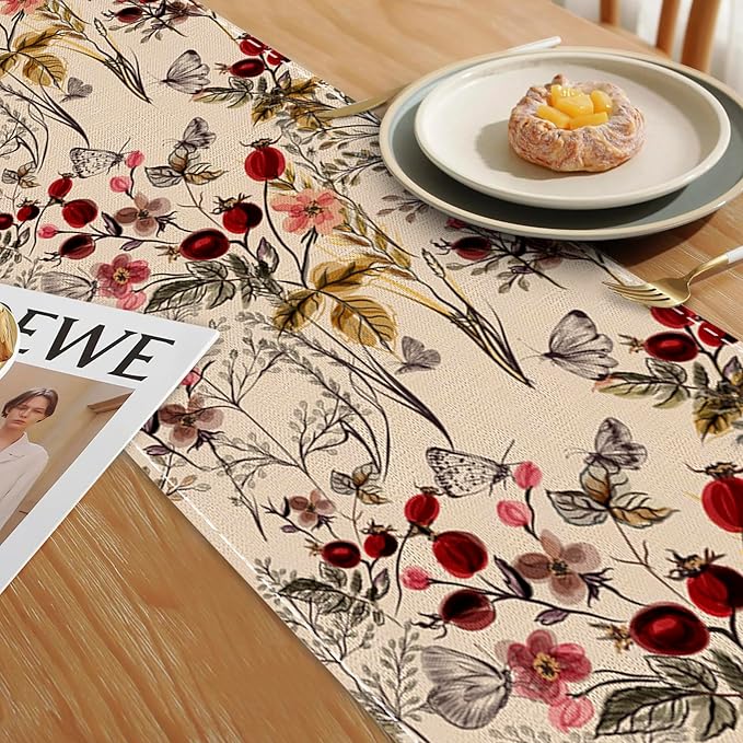 Table Runner Vintage Flower Butterfly Table Runners Summer Seasonal Kitchen Dinning Decor for Indoor Outdoor Holiday Home Wedding Party 13x70 Inch