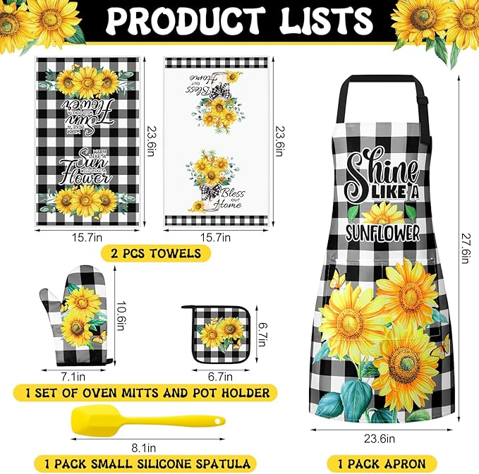 Hoolerry 6 Pcs Sunflower Kitchen Apron Dish Towels Oven Mitts and Pot Holders Sets with Silicone Spatula for Women Wife Grandma Cooking Sunflower Baking Gifts