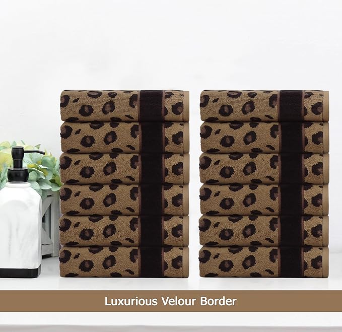 COTTON CRAFT Wash Cloth - Set of 12 Animal Print Safari Decorative Washcloth - 100% Cotton Jacquard Bathroom Face Towel Set - Super Soft Quick Dry Absorbent Luxury Guest Towel - Easy Care - 12 x 12