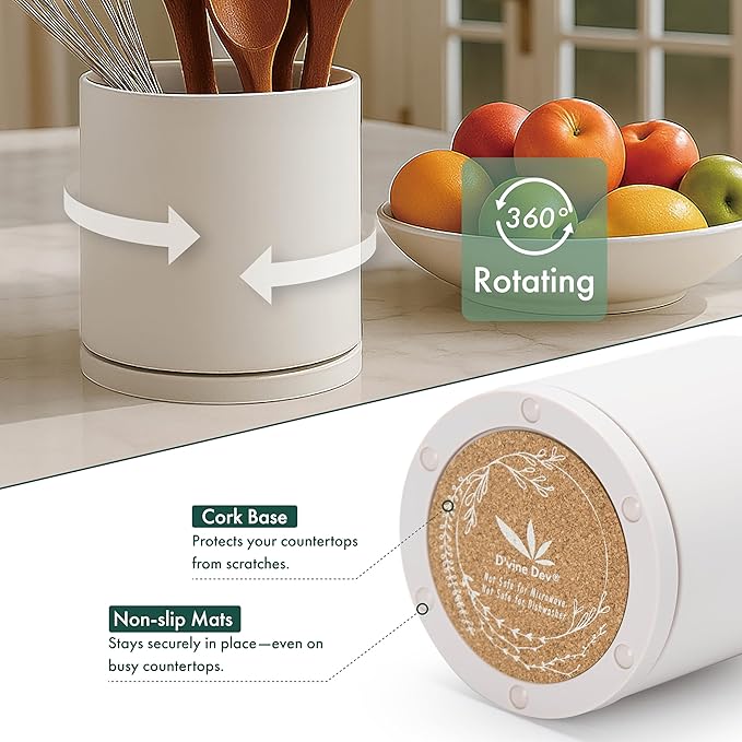 D'vine Dev 360° Rotating Utensil Holder Set – 7.2"+5" Kitchen Utensil Crocks for Countertop, Modern Cooking Tool Organizers for Kitchen Storage +Décor, Oatmeal, Set of 2, 72-Z-D-1