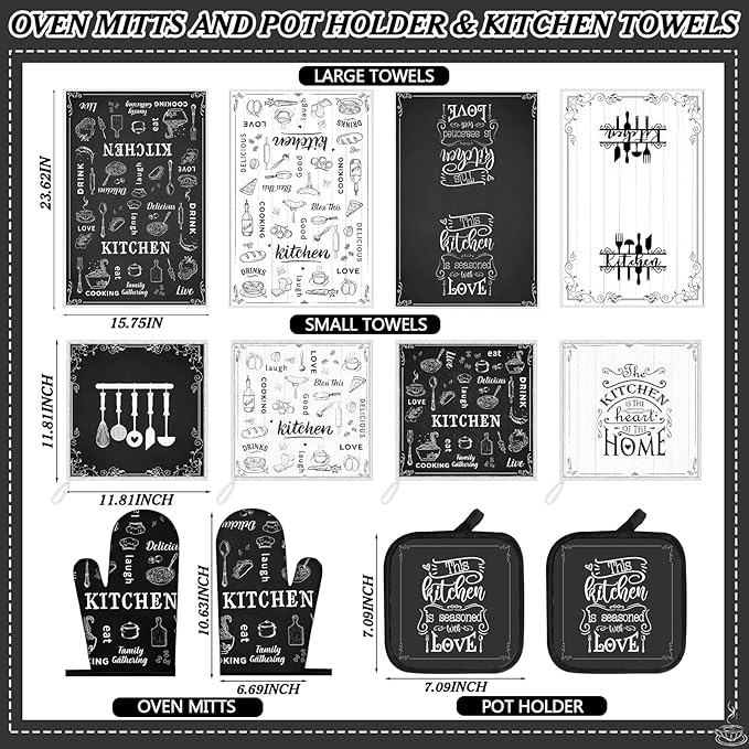Bencailor 12 Pcs Farmhouse Kitchen Decor and Accessories Sets 4 Black and White Kitchen Towels 4 Absorbent Dishcloths 2 Pot Holders 2 Oven Mitts Gloves for Home Decor Mom Gifts