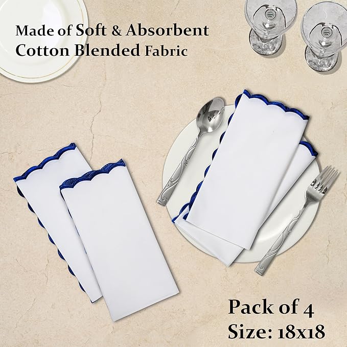 Ridhi Cloth Napkins 100% Pure Cotton Farmhouse Wedding Dinner Napkins Gift for Spring, Easter, Valentine, Holiday, Everyday Napkin (4-18" x 18" White with Tanzanite Blue Edge)