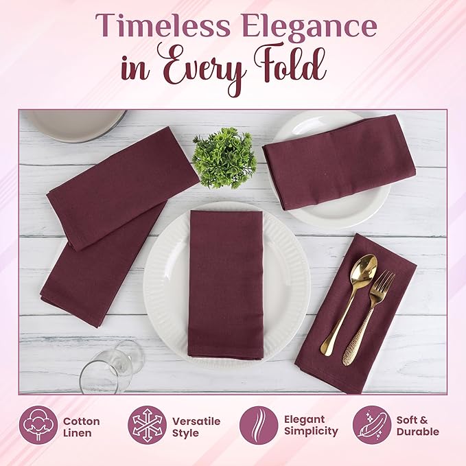 NATURALCRAFT Cloth Napkins Set of 12 Cotton Linen 18x18 Inch - Soft Durable Easter Washable - Ideal for Hotel Farmhouse Party Spring Summer Easter - Perfect Everyday Use (Wine, Pack of 12)
