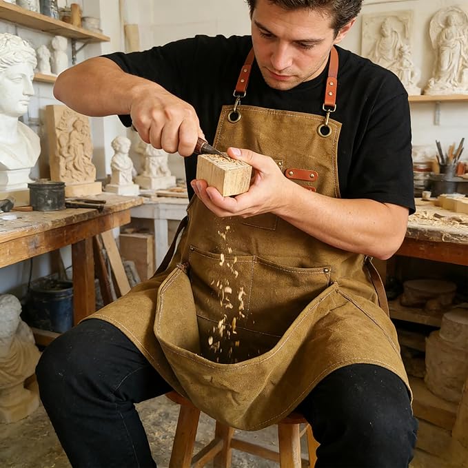 DAFENCHI Wood Carving Apron with Chip Catcher, Canvas Whittling Apron, Woodworking Apron with Large Pouch for Catching Wood Chips, Adjustable Straps, for Woodworkers, Gift for Men