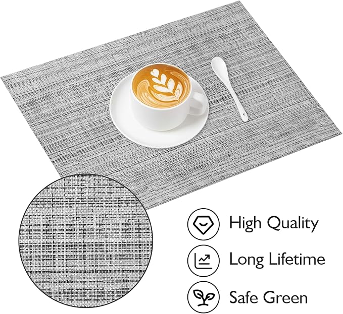 Niviy Grey Placemats Set of 4, 12x18 Inch Washable Easy to Clean Heat-Resistant Anti-Skid Grey Placemats for Holiday Party Kitchen Dining Room Decoration