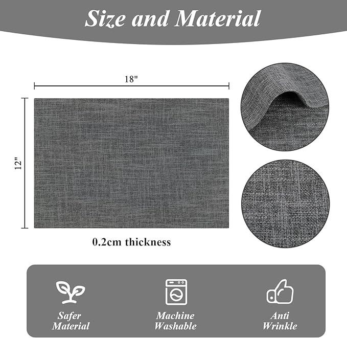 SHACOS Washable Cloth Placemats Set of 6 Fabric Place Mats Double Layered Thick Faux Linen Placemat Non Slip Reversible Table Mats Home Wedding Table Decor, Dark Grey