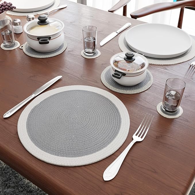Encasa XO Cotton Dining Table Combo Set of 4 Placemats, 4 Drink Coasters, 3 Trivets | Handmade Rib Style | Grey | Absorbent & Heat Resistant