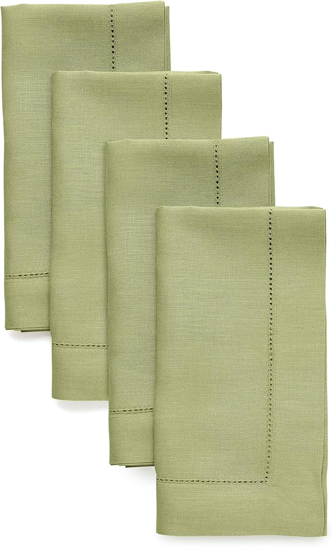 Solino Home Linen Napkins Set of 4 - Classic Hemstitch 100% Pure Linen Moss Green Dinner Napkins Cloth 20 x 20 Inch for Spring, Summer - Handcrafted and Machine Washable