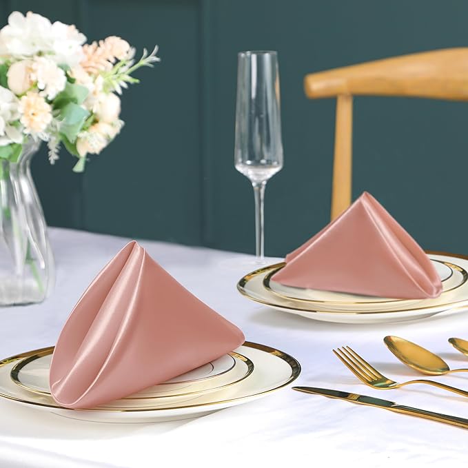 100 Pack Rose Gold Satin Napkins and Napkin Rings Set, 12 x 12 Inch Silky Soft Cloth Napkins Set of 50, Square Satin Dinner Table Napkins Bulk for Wedding Banquet Graduation Party Decoration