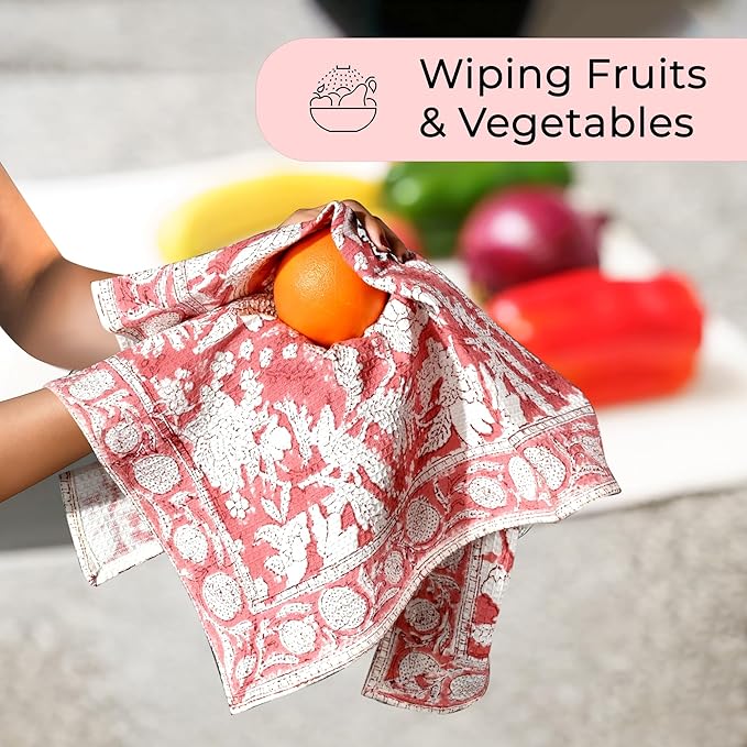 CPC Coral Pink Hand Block Print Waffle Kitchen Towel Set of 3-16 x 28 Inch Ultra Absorbent Quick Dry Cotton Dish Towels Lightweight Reusable Sustainable Tea Towels for Cleaning and Drying