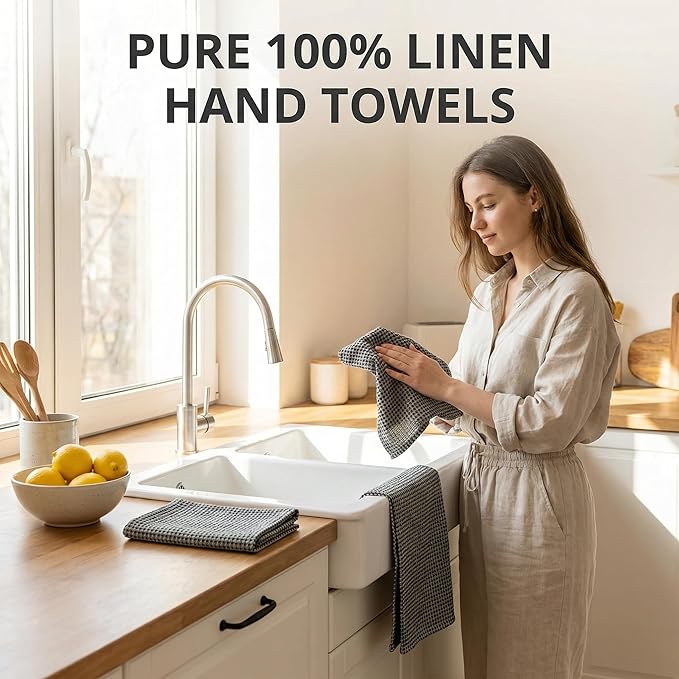100% European Linen Hand Towels for Kitchen & Bath - Set of 2 - Waffle Weave, Highly Absorbent & Quick-Dry - 14 x 28 in - Stone Washed Flax