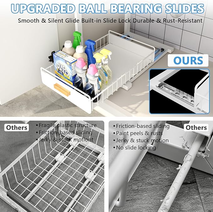 Under Sink Organizer Kitchen - Upgraded Professional Rails, 2 Tier Dual Pull Out Cabinet Storage, Height Adjustable Under Sink Storage, Metal Sliding Drawer for Kitchen & Bathroom, White, 2 Pack