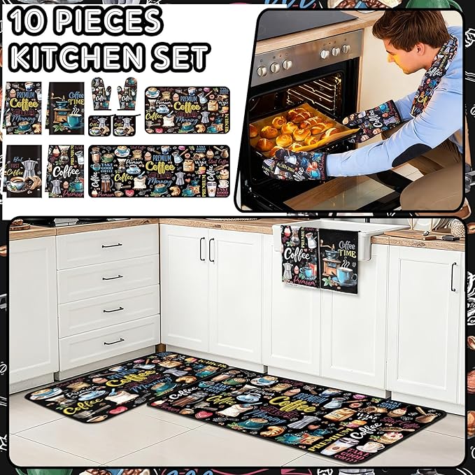 Fourluoo 10 Pcs Coffee Kitchen Decor Set Coffee Kitchen Dish Towels Oven Mitts and Pot Holders Farmhouse Rugs Mats Vintage Black Potholders for Chef Baking Cooking Grilling BBQ Women Accessories Gift