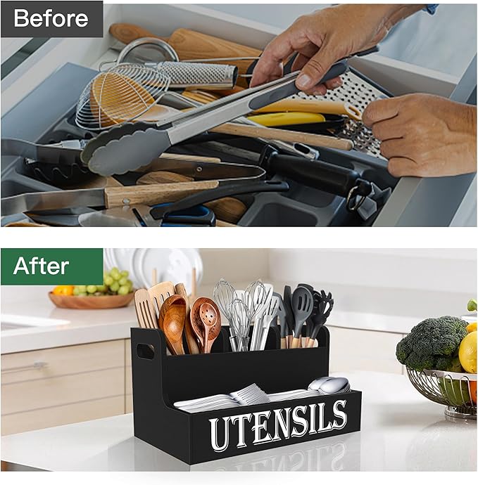Suli Kitchen Utensils Holder, Wooden Utensil Organizer for Kitchen Countertop, Farmhouse Utensil Storage, Rustic Cooking Utensils ,4 Compartments,- Black