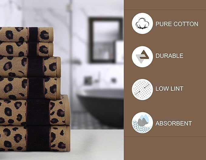 COTTON CRAFT 6 Piece Towel Set - Animal Print Leopard Cheetah Africa Safari 100% Cotton Jacquard 2 Bath Towel, 2 Hand Towel, 2 Washcloth Soft Absorbent Luxury Decorative Guest Towel Bathroom Towel Set