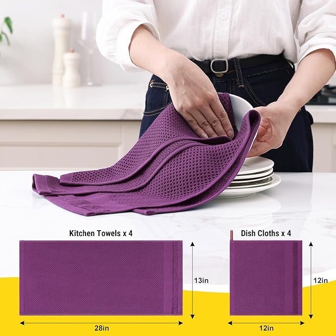 Homaxy Kitchen Towels and Dishcloths Set, 12 x 12 and 13 x 28 Inches, Set of 10 100% Cotton Waffle Weave Kitchen Towels, Super Soft and Absorbent Dish Cloths, Purple