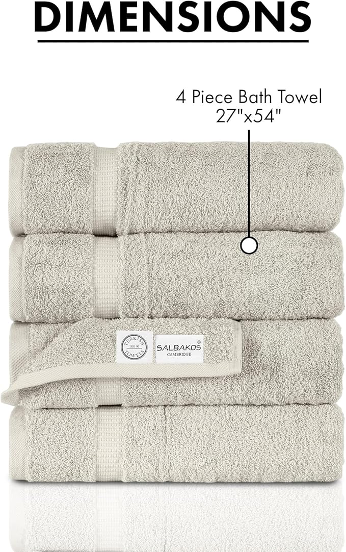 SALBAKOS 100% Turkish Cotton Bath Towels | 4 Piece Turkish Bath Towels Stone 27x54 in Standard Size | Premium Hotel Quality, Super Absorbent, Thick & Plush Turkish Bath Towel (Stone, 4 Bath Towels)