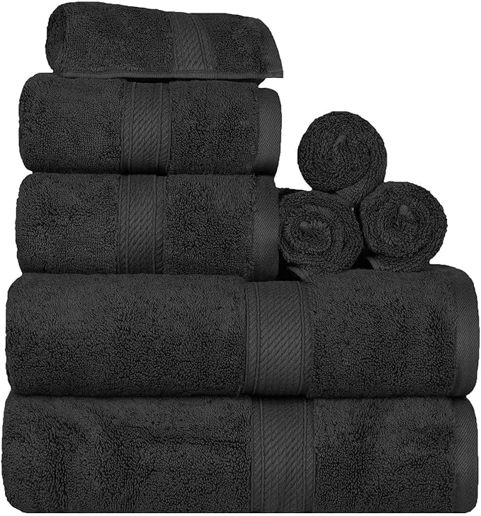 Superior Egyptian Cotton 8-Piece Solid Towel Set, Washcloths 13” x 13”, Hand Towels 20” x 30”, Bath Towels 30” x 55”, Black, 8-Pieces by Superior