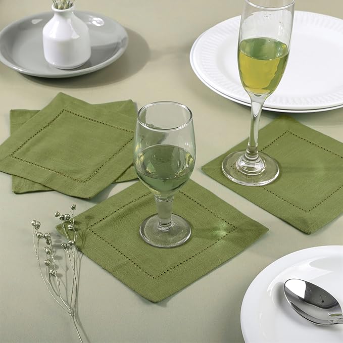FINGERCRAFT Cocktail Napkins 6 x 6 Inch Premium Quality Cotton, Generous Hemstitch and Mitered Corner Set of 12 Coaster Cloth Olive Green