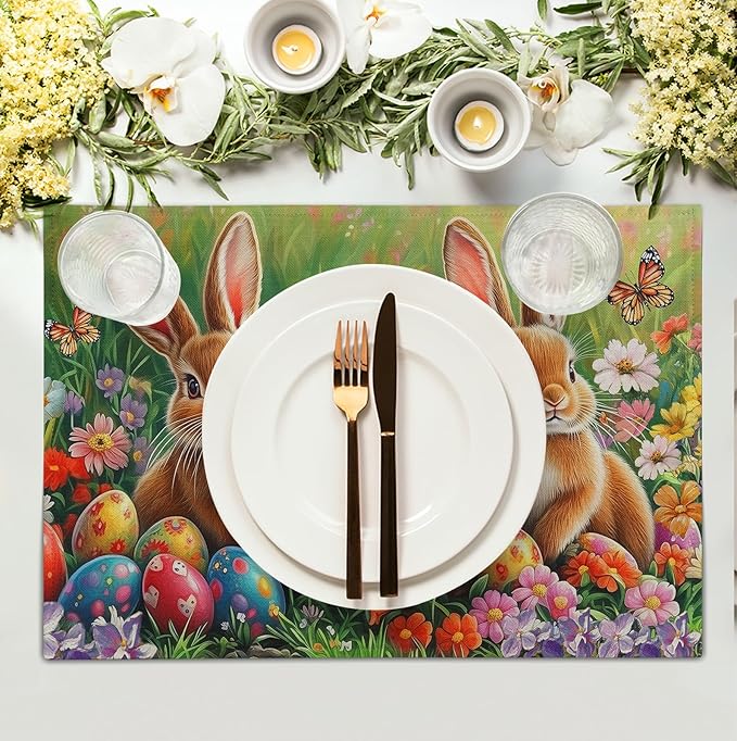 Easter Bunny Placemats Set of 4 Easter Colorful Eggs Floral Linen Fabric Table Mats Spring Farmhouse Seasonal Table Place Mats for Outdoor Indoor Home Party 12x18 Inch