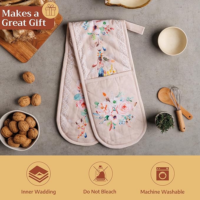 Maison d' Hermine Double Oven Mitts 100% Cotton 7"x35" Double Oven Mitt Heat Resistant BBQ Cooking Gloves with Loop Baking Grilling Gifts for Mothers Day Spring Summer (Ibiza - Beige)