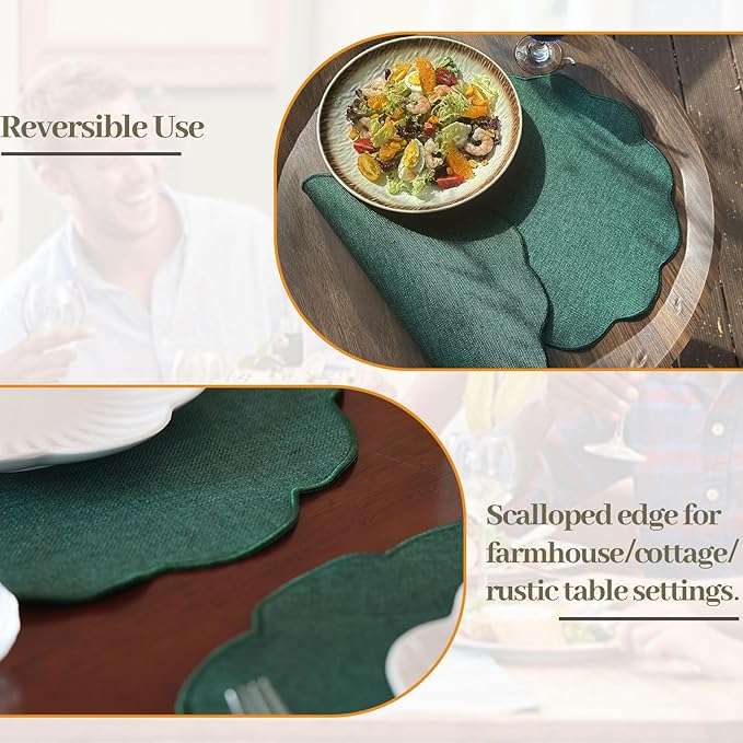 AHHFSMEI Round Faux Linen Placemats Set of 6 Heat Resistant Non-Slip Stain Proof Table Mats for Kitchen Dining Elegant Decor Place Mats (Forest Green,6)