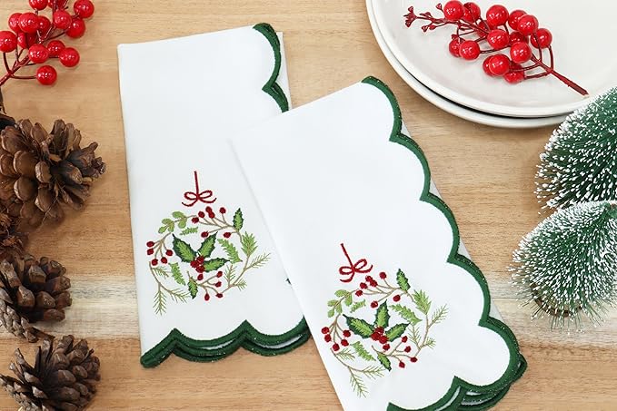 PurpleEssences Scalloped Embroidery Cloth Napkins - Spring Easter Summer - Table Decor - 100% Cotton - Set of 4-18x18 inch - White - Edges - Forest Green - Christmas Wreath