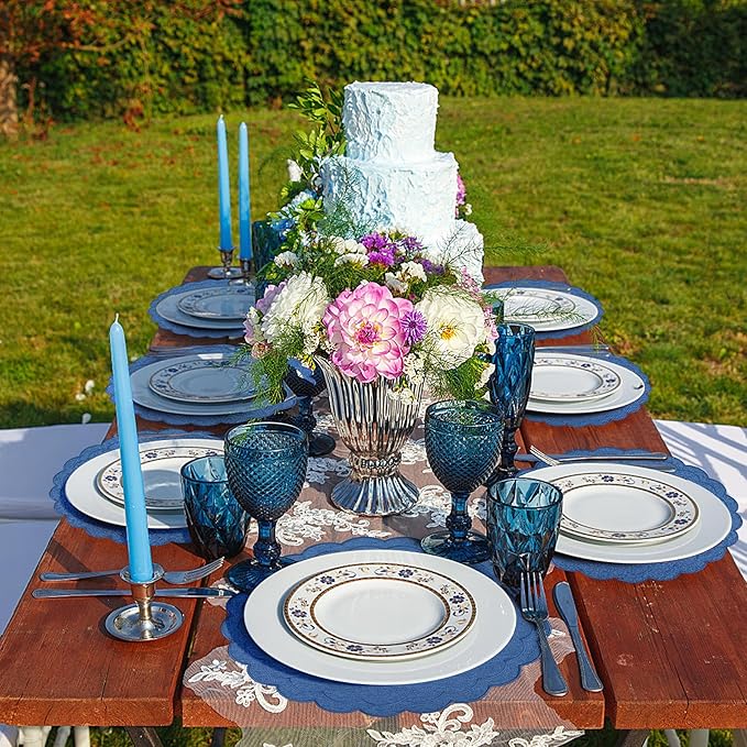 Set of 6 Dark Blue Cotton Linen Placemats, 15x15 Scalloped Flower Embroidery Cloth Table Mats Double Layered Fabric Machine Washable Wrinkle Free Dining Placemat for Hotel Restaurant Kitchen Decor