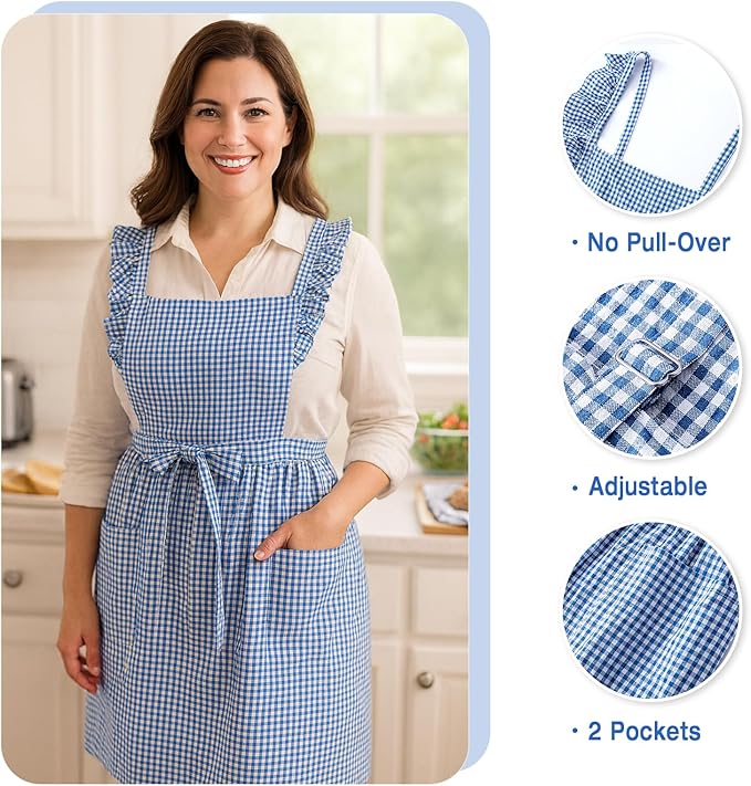 Vintage Gingham Apron for Women, Ruffle Straps, 2 Pockets, Soft Cotton, Apron Dress Style for Cooking & Baking