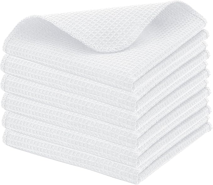 PurpleEssences Dish Cloths and Dish Rags - 6 Pack Waffle Weave Solid Kitchen Dish Wash Cloths, 100% Cotton, 12x12 Inches, Ultra Soft Absorbent Quick Drying - Spring Easter Summer - White