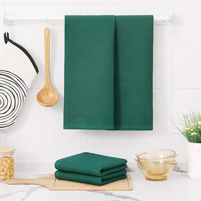 Kitinjoy 100% Cotton Waffle Weave Kitchen Hand Towels (13 X 28 Inches, Dark Green), 4-Pack Super Soft and Absorbent Dish Towel for Drying Dishes