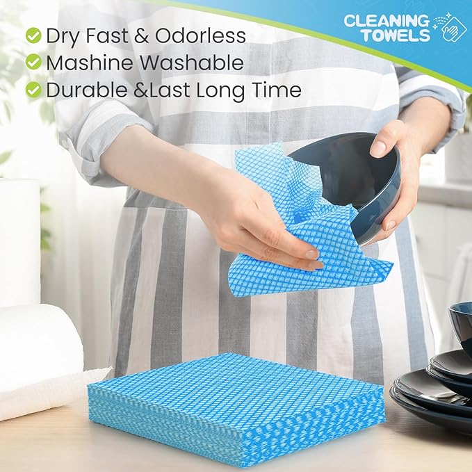 Tioncy 300 Pcs Disposable Dish Cloths for Kitchen Disposable Cleaning Cloth and Towels Handy Cleaning Wipes Disposable Rags for Kitchen and Office(Blue)