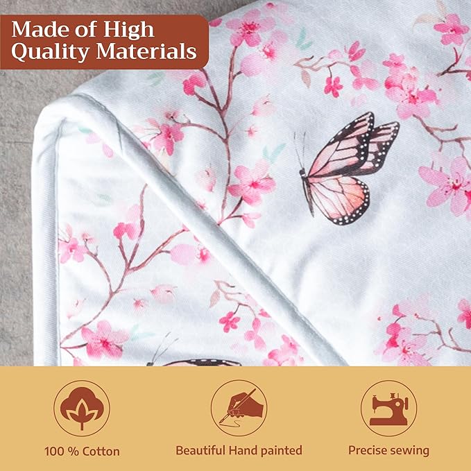 Maison d' Hermine Double Oven Mitts 100% Cotton 7"x35" Double Oven Mitt Heat Resistant BBQ Cooking Gloves with Loop Baking Grilling Gifts for Mothers Day Spring Summer (Blossoms in Spring)