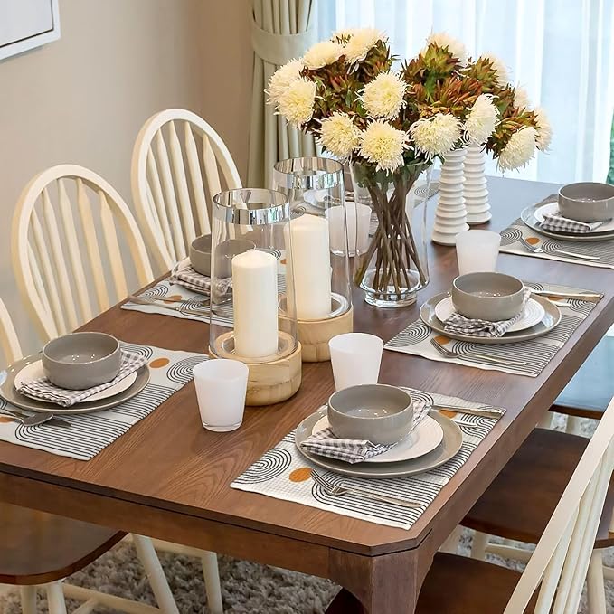 Boho Mid Century Placemats 12x18 Inch Set of 6, Abstract Simple Sun Arch Pattern Table Place Mat Boho Modern Yellow Spot Washable Table Mats Decorative Linen Fabric Table Mat for Dining Table