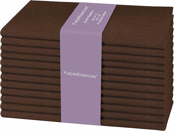PurpleEssences Set of 12 Cloth Dinner Napkins 100% Cotton 18x18 Inch - Soft Durable Washable - Ideal for Farmhouse Party Spring Easter Summer - Perfect Everyday Use Table Linen - Nut Brown