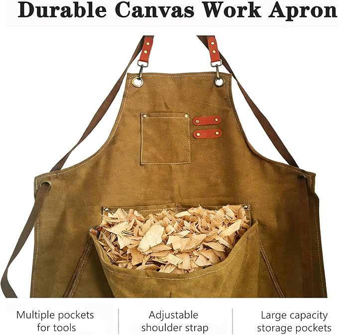 DAFENCHI Wood Carving Apron with Chip Catcher, Canvas Whittling Apron, Woodworking Apron with Large Pouch for Catching Wood Chips, Adjustable Straps, for Woodworkers, Gift for Men