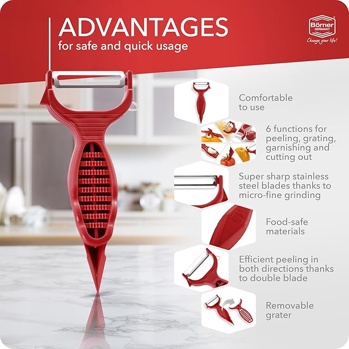 Borner 6-in-1 Fruit and Vegetable Peeler with Stainless Steel Double-Edged Blade, Multi function with Corer, Potato Eye Remover and Mini Grater, Made in Germany, Red