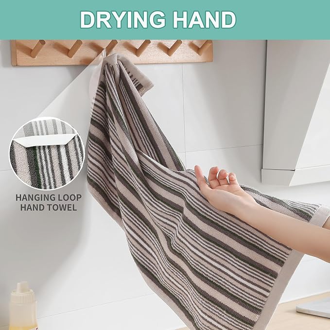 SALAS Kitchen Dish Towels for Drying Dishes, Large Cotton Kitchen Towels, Stripped Terry Dish Cloths, Thick Highly Absorbent Towel Sets with Hanging Loop, 16" X 26", 6 Packs, Grey with Green