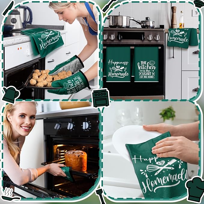 Sratte 6 Pcs Kitchen Decor Accessories Set Farmhouse Towels Pot Holders Oven Mitts Set 2 Dish Towels 2 Potholders 2 Cooking Mittens Oven Glove for Christmas Baking Cooking(Dark Green,Kitchen)