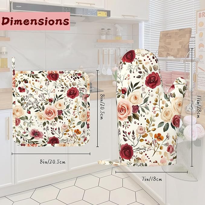 Spring Flowers Silicone Oven Mitts and Pot Holders,Pink Roses Heat-Resistant 4 Piece Kitchen Set Non-Slip Oven Gloves and Hot Pads for Cooking, Baking, Grilling,BBQ