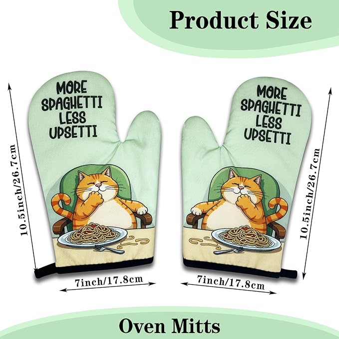 Cute Cat Oven Mitts and Pot Holders Set of 3, More Spaghetti Less Upsetti, Heat Resistant Non-Slip Kitchen Mitts Hot Pads, Spaghetti Lovers Gifts, Housewarming Gifts for Hostess Chef Friend